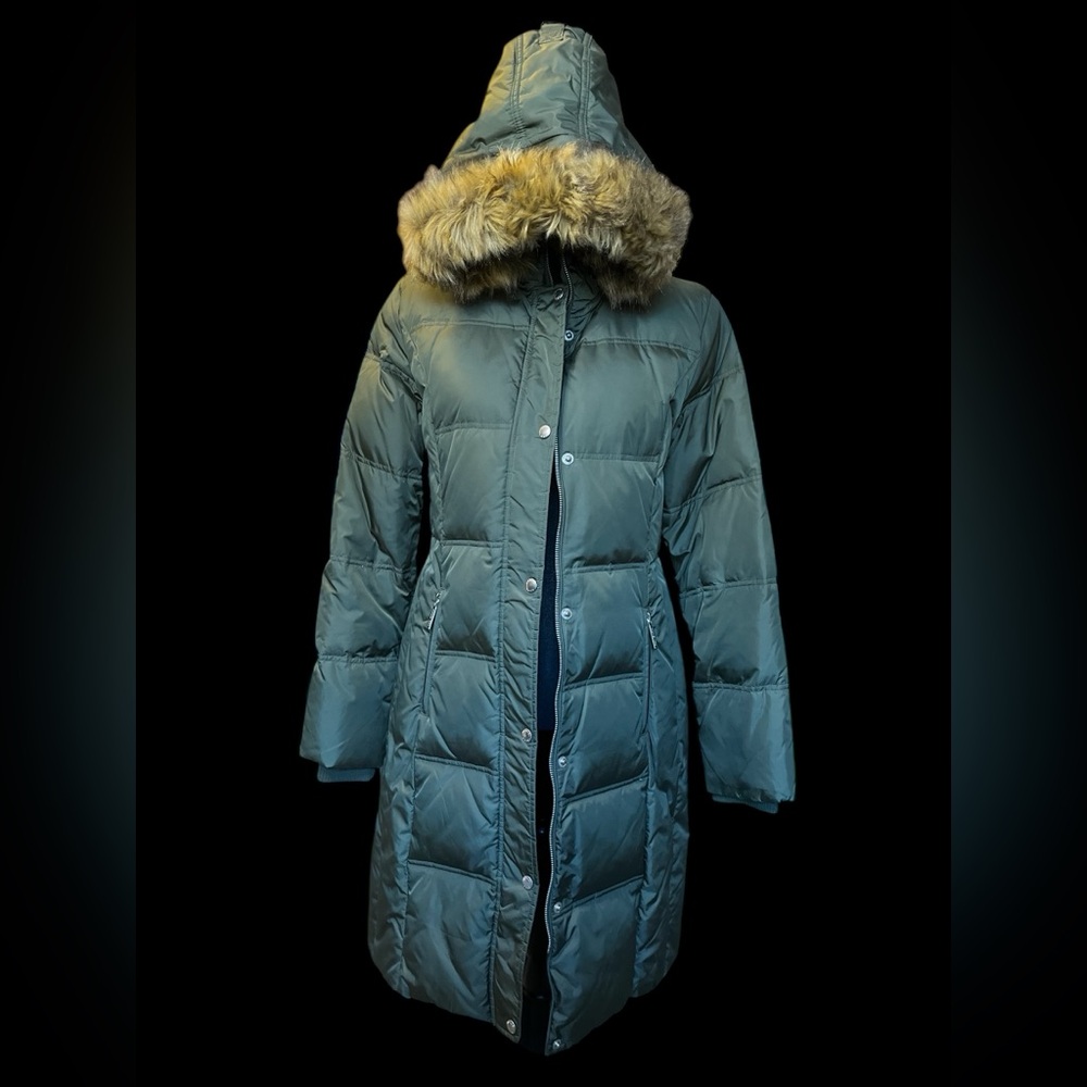 Michael Kors Khaki Green Puffer Coat with Faux Fur Hood
